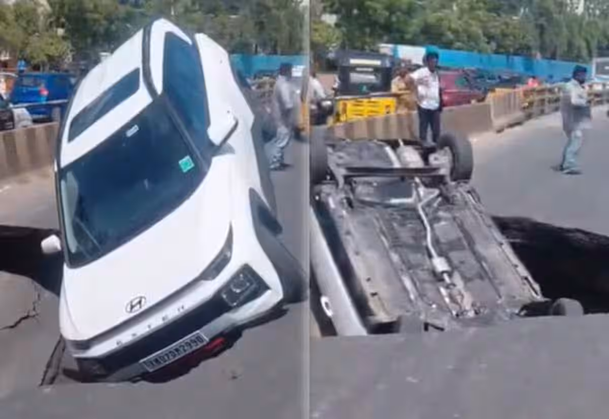 சாலையில் திடீர் ராட்சத பள்ளம்; குப்புற விழுந்த கார்; அதிர்ச்சி வீடியோ