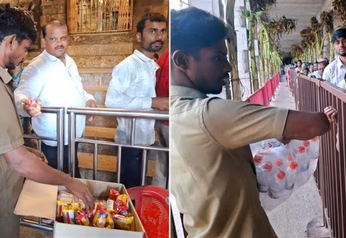  மீனாட்சி கோயிலில் பிஸ்கட், தண்ணீர் வழங்கல்