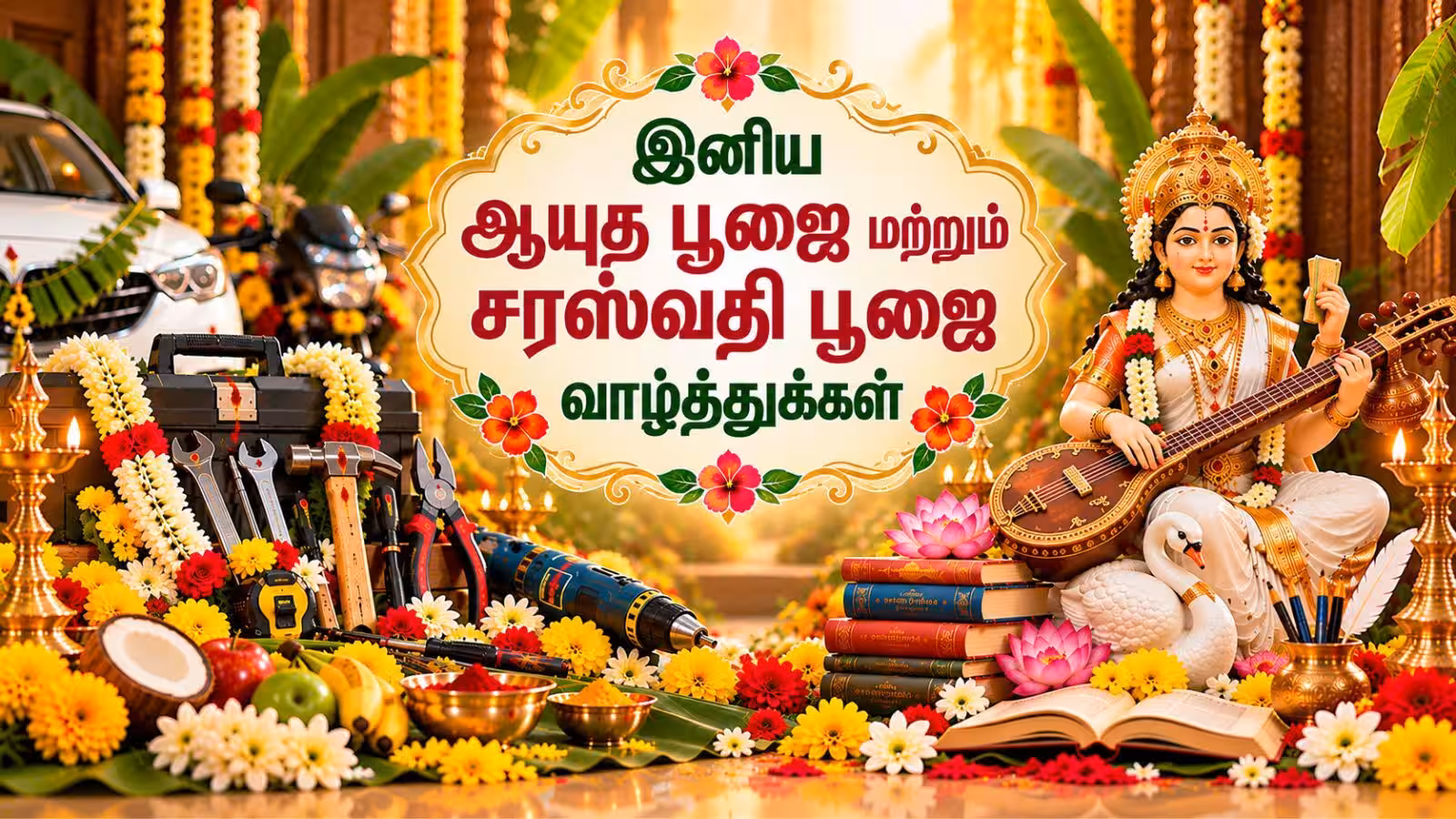 Happy Ayudha Pooja and Saraswathi Pooja 2026 wishes: குடும்பத்தினர், நண்பர்களுக்கு அனுப்ப அழகான வாழ்த்துகள், வாட்ஸ்அப் ஸ்டேட்டஸ், படங்கள் மற்றும் பொன்மொழ
